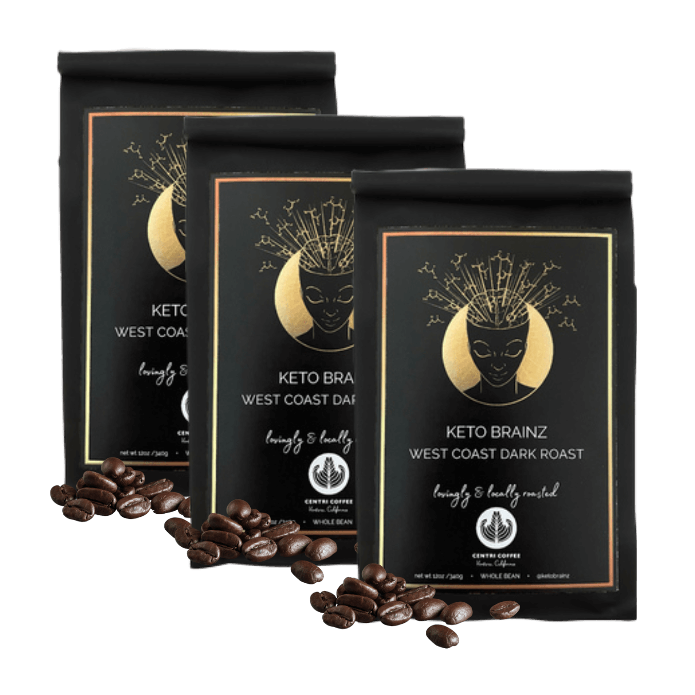 product image of 3 pack of keto brainz west coast dark roast organic whole bean coffee
