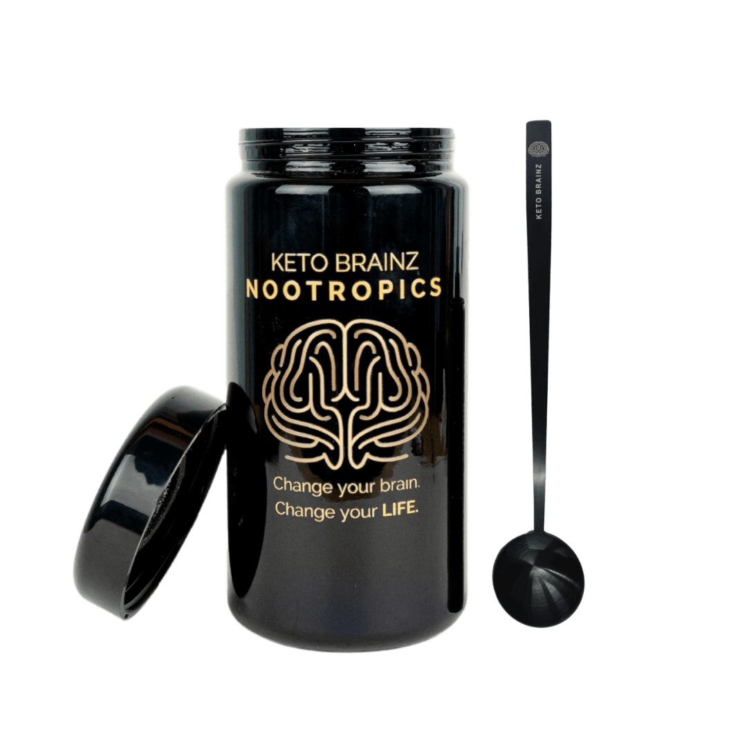 product image of Keto Brainz miron glass counter top jar and long handled spoon combo