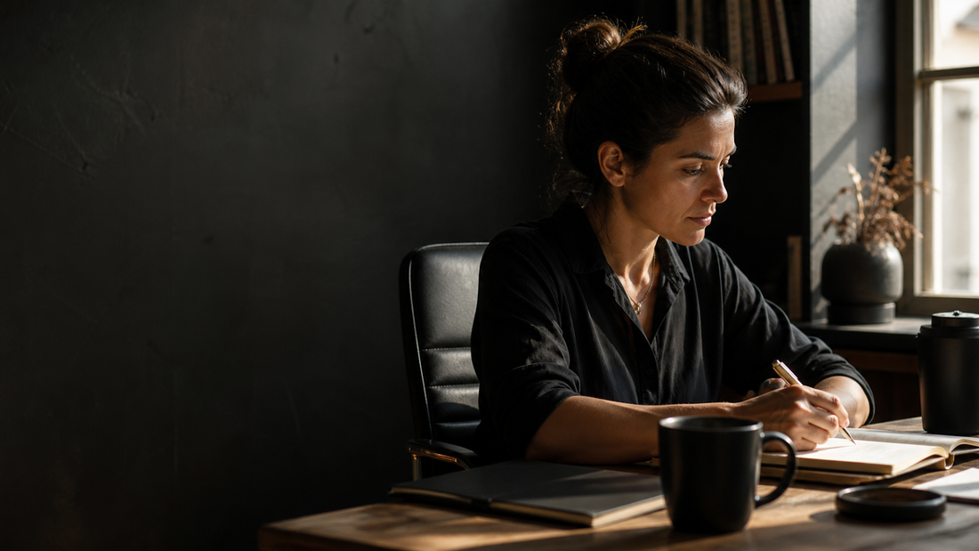 Woman writing in a notebook at a desk with a black coffee mug, for an article on safe nootropic ingredients for women