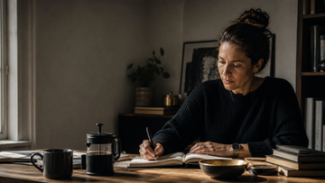 Woman writing in a notebook at a desk with a mug and stacked books, for an article on nootropics and premenopause symptoms