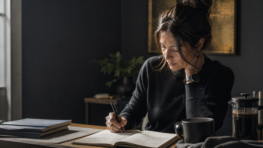 Woman resting her head on her hand while writing notes at a desk, for an article on nootropic ingredients for perimenopause