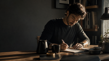 Man writing notes at a desk with a mug of coffee, for an article on nootropic supplements for brain fog