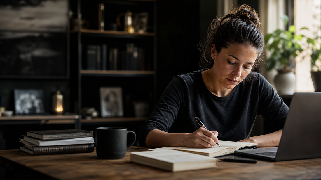 Woman writing notes beside a laptop and a coffee mug, for an article on causes of perimenopause brain fog