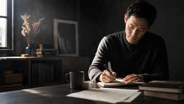 Man writing notes at a wooden desk with a coffee mug, for an article on nootropics with clinical research