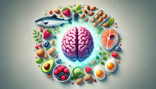 Foods to prevent dementia - AI generated image of a brain with brain healthy foods around it