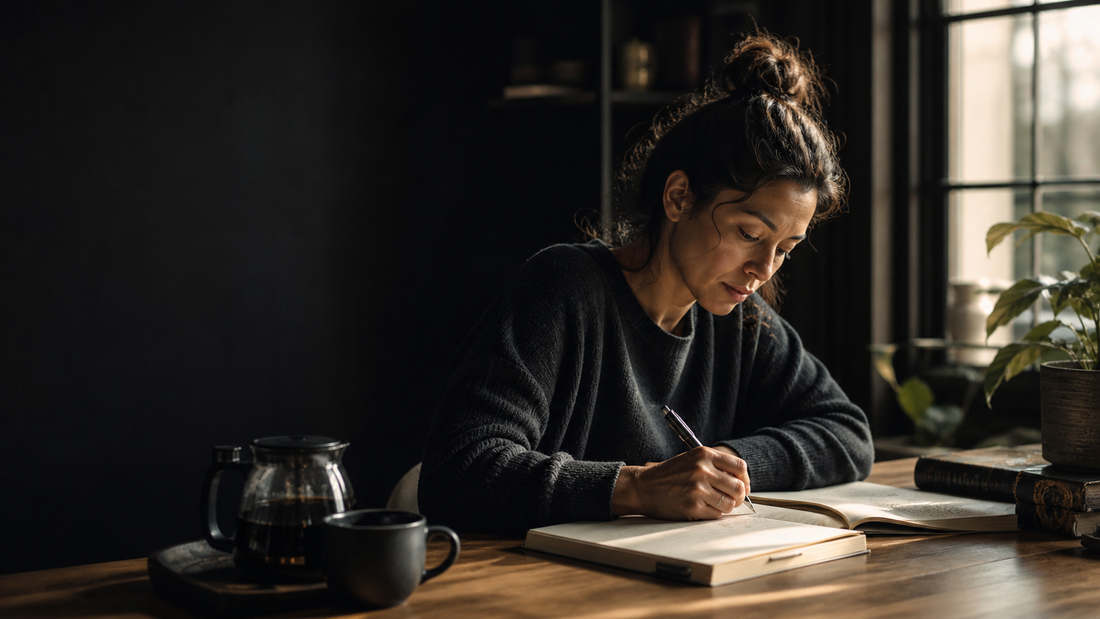 Woman writing in a notebook at a wooden desk beside a coffee press and mug, for an article on nootropics and perimenopause brain fog