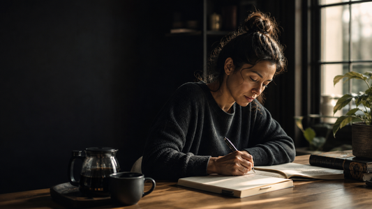 Woman writing in a notebook at a wooden desk beside a coffee press and mug, for an article on nootropics and perimenopause brain fog