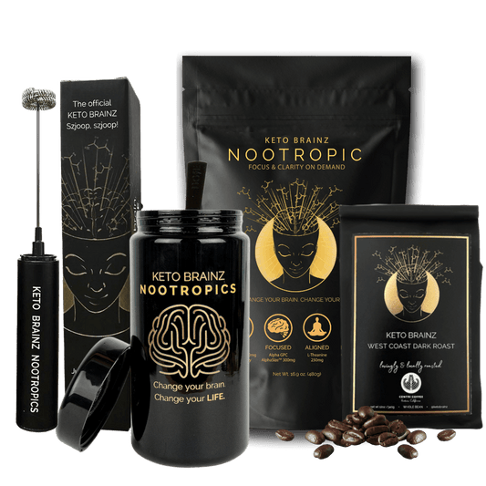 product image of Keto Brainz Nootropic creamer bundle with countertop jar, long handled spoon, deluxe hand blender and coffee