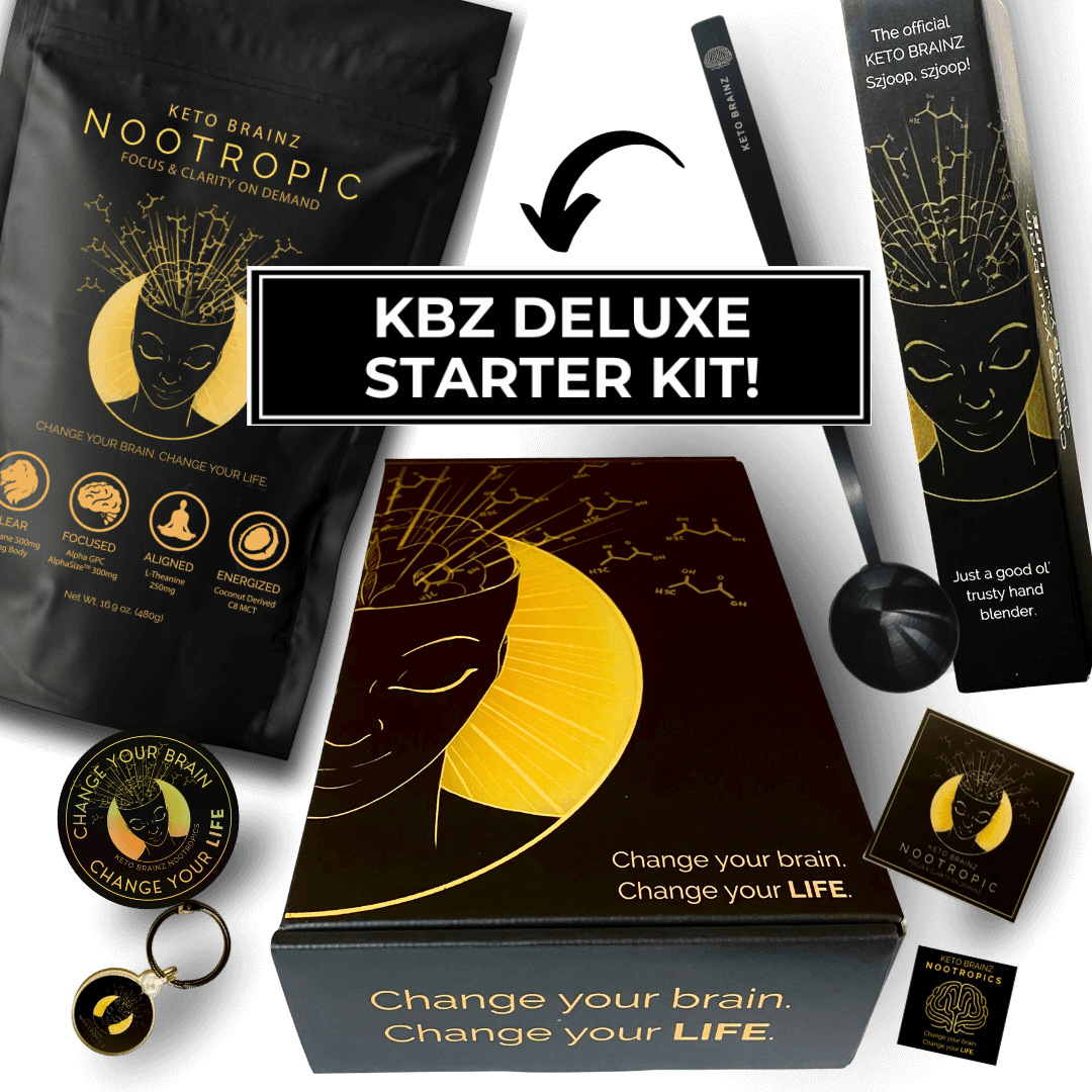  product image of keto brainz deluxe starter kit which includes kbz nootropic creamer, deluxe hand blender, matte black long handled spoon, kbz stickers and keychain