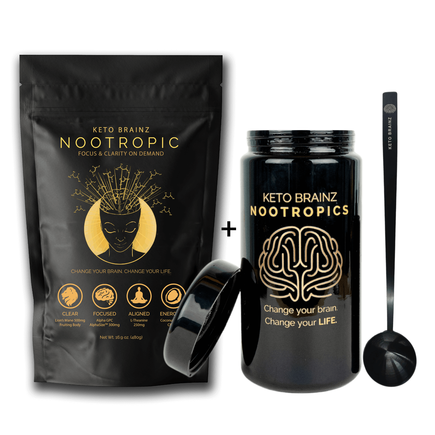 product image of Keto Brainz Nootropic creamer, miron glass counter top jar and long handled spoon combo