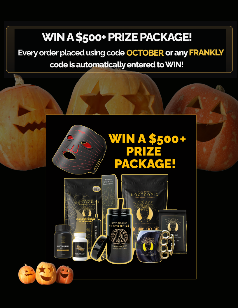 Win a $500+ prize package. Every order placed using code OCTOBER or any FRANKLY code is automatically entered to win.